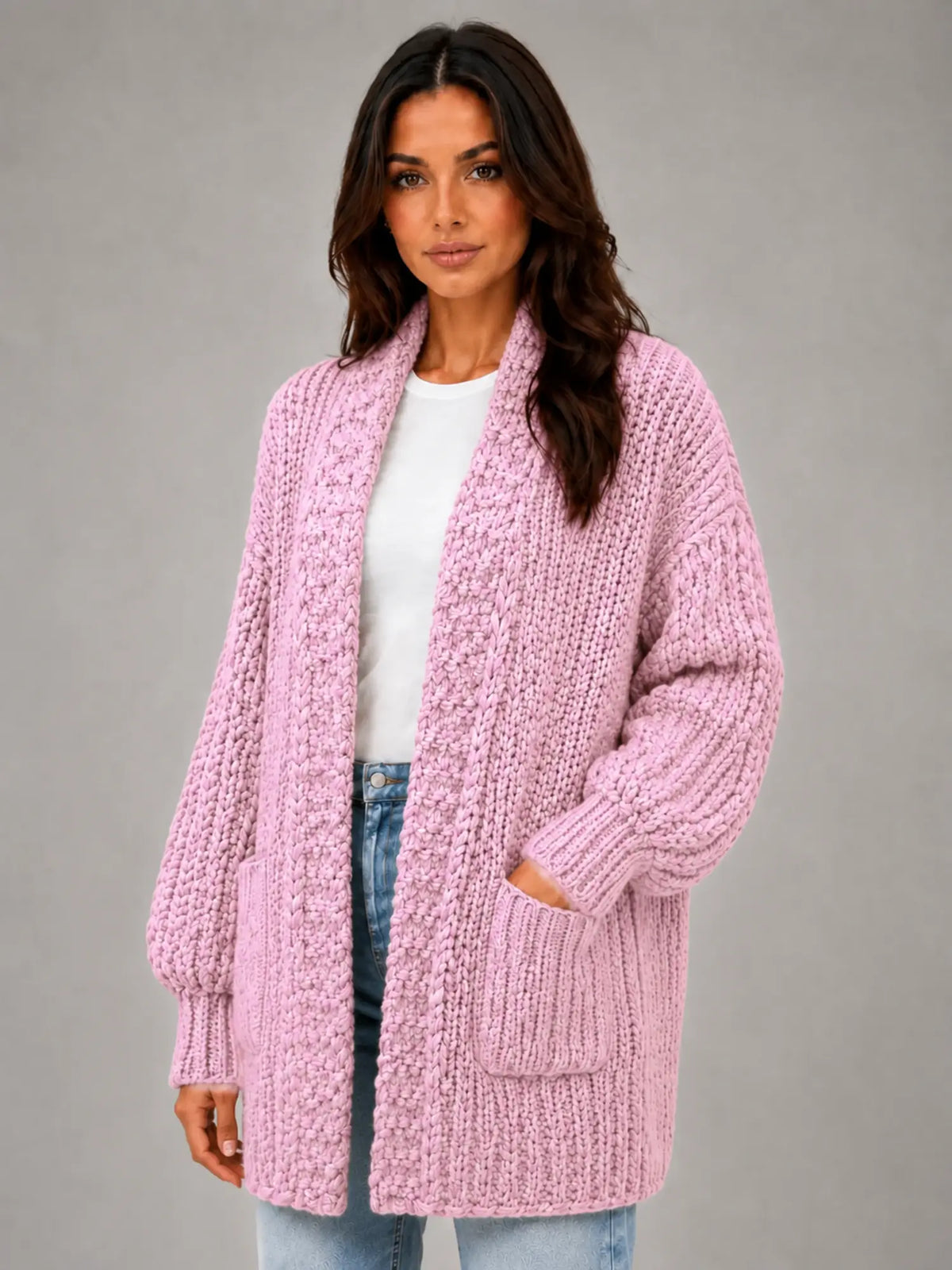 Women's Oversized Chunky Cardigan – Relaxed Longline Knit in pink, hover view