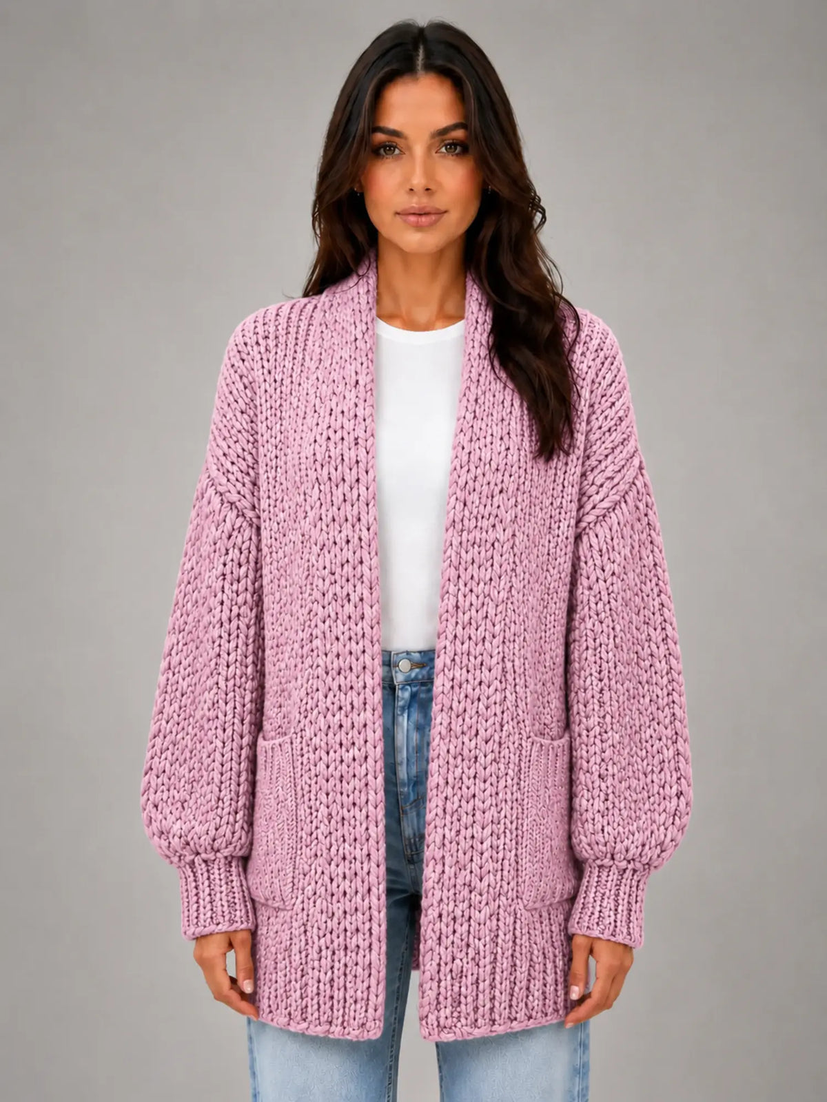 Women's Oversized Chunky Cardigan – Relaxed Longline Knit in pink, main view