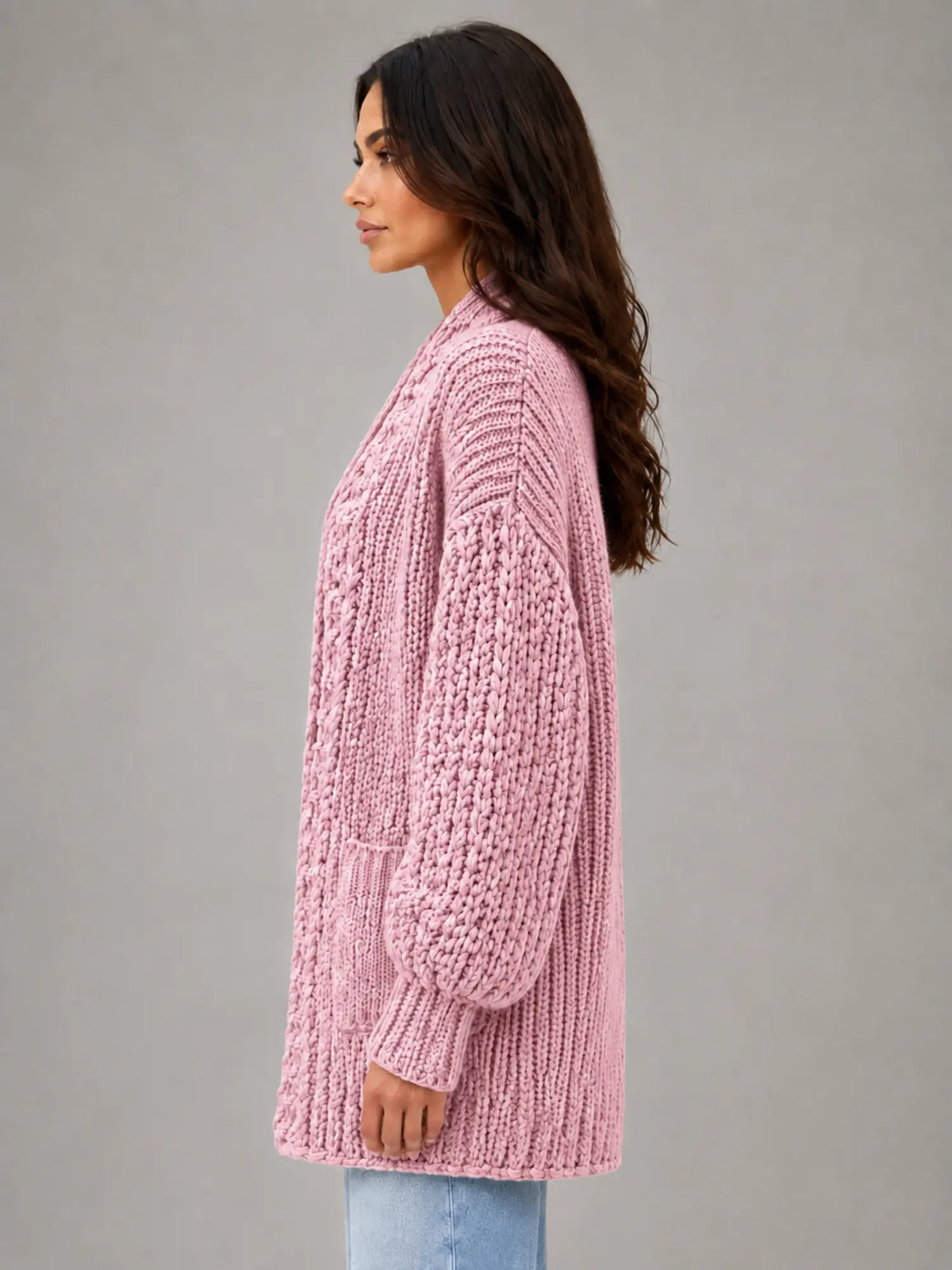Women's Oversized Chunky Cardigan – Relaxed Longline Knit in pink, side view