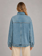 Women's Oversized Funnel-Neck Denim Jacket – Relaxed Casual Fit in light blue denim, back view
