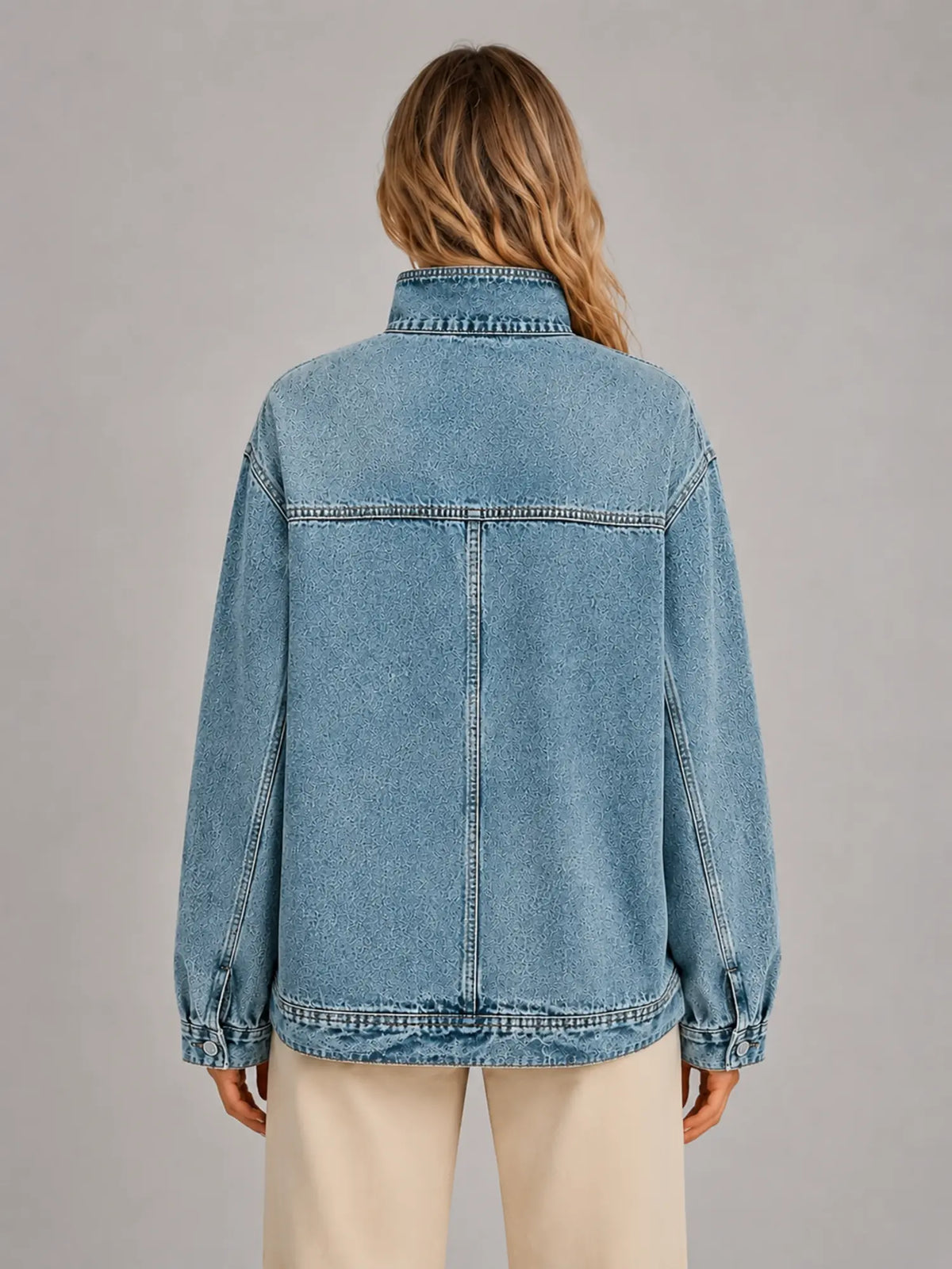 Women's Oversized Funnel-Neck Denim Jacket – Relaxed Casual Fit in light blue denim, back view