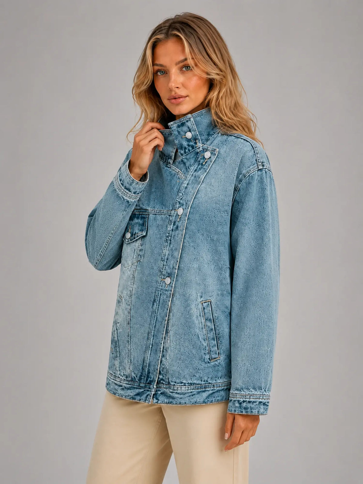 Women's Oversized Funnel-Neck Denim Jacket – Relaxed Casual Fit in light blue denim, hover view
