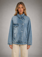 Women's Oversized Funnel-Neck Denim Jacket – Relaxed Casual Fit