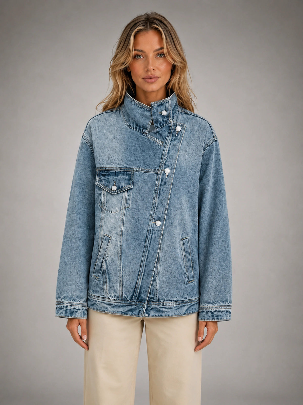 Women's Oversized Funnel-Neck Denim Jacket – Relaxed Casual Fit