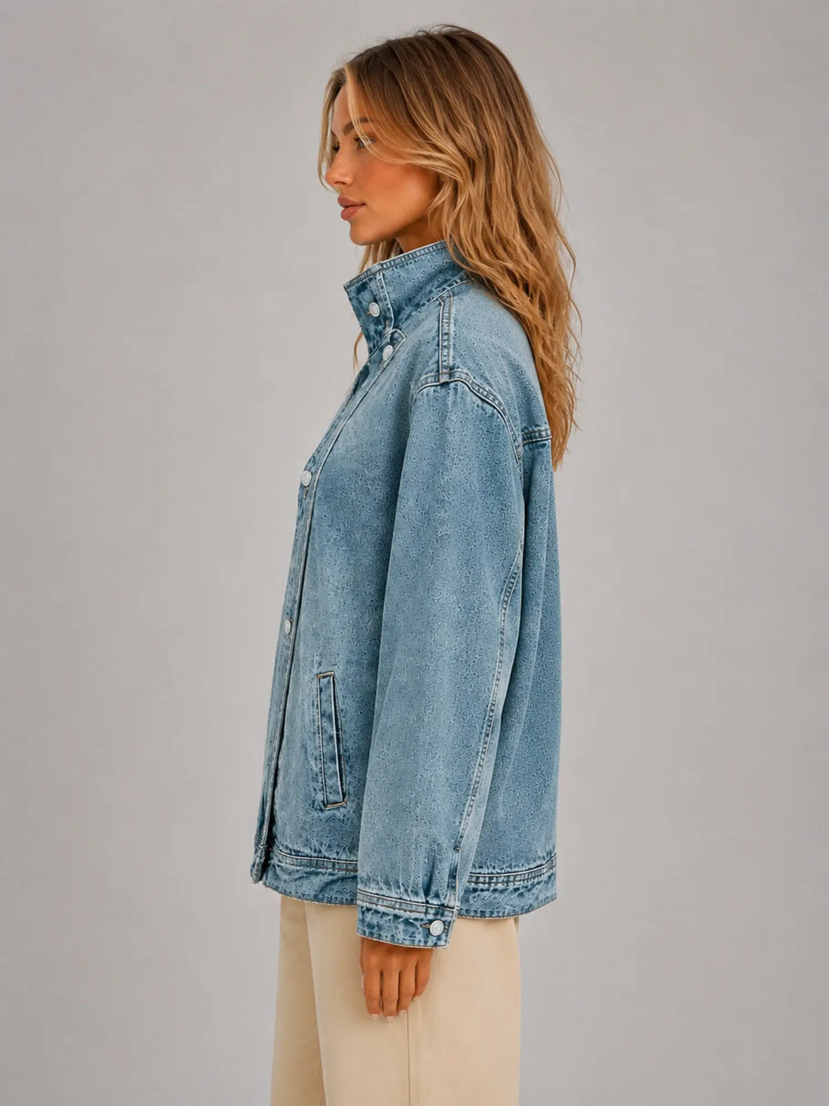 Women's Oversized Funnel-Neck Denim Jacket – Relaxed Casual Fit in light blue denim, side view