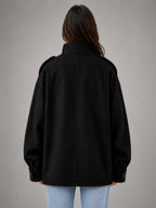 Women's Oversized Funnel-Neck Wool-Look Jacket – Warm Relaxed Fit in black, back view