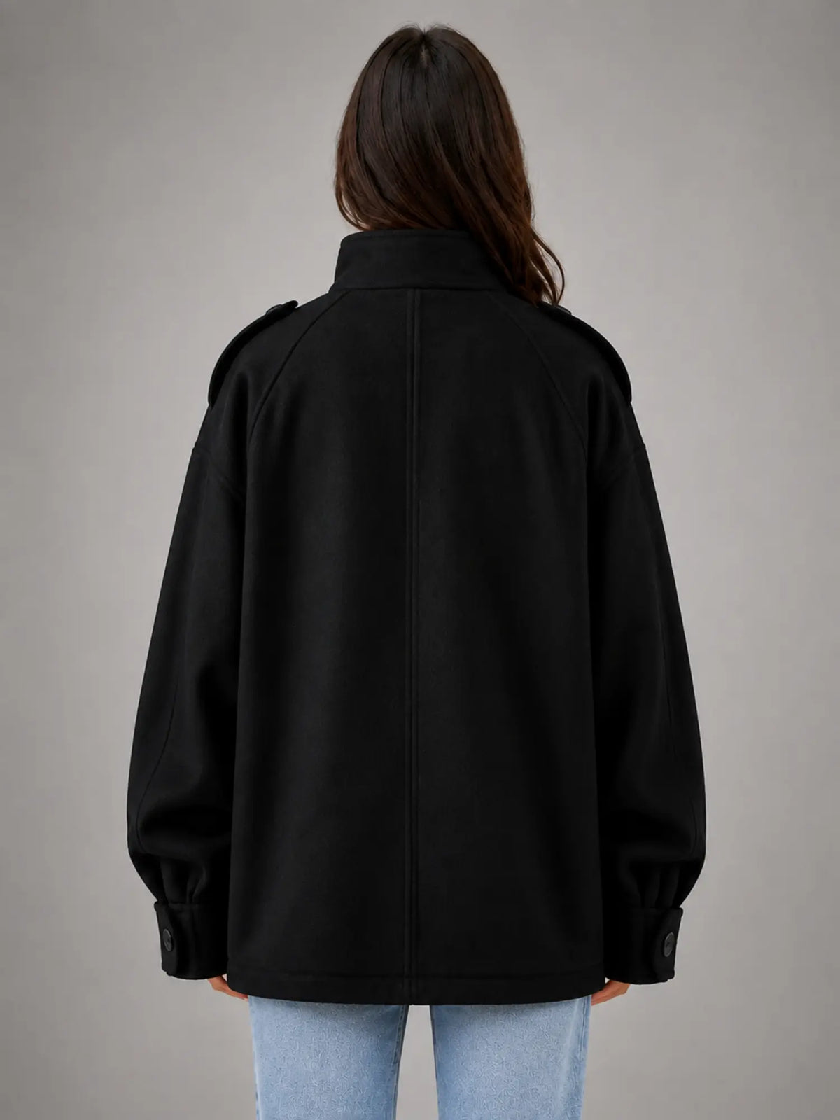 Women's Oversized Funnel-Neck Wool-Look Jacket – Warm Relaxed Fit in black, back view