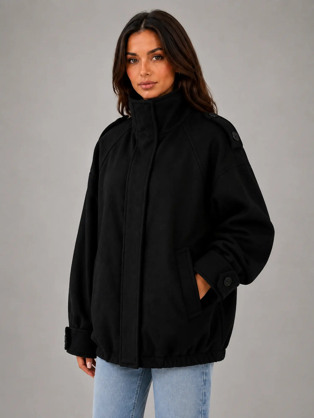 Women's Oversized Funnel-Neck Wool-Look Jacket – Warm Relaxed Fit in black, hover view