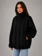 Women's Oversized Funnel-Neck Wool-Look Jacket – Warm Relaxed Fit in black, hover view
