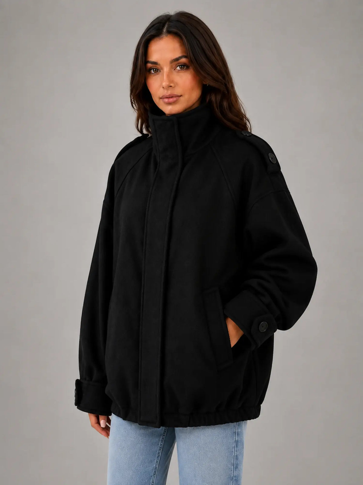 Women's Oversized Funnel-Neck Wool-Look Jacket – Warm Relaxed Fit in black, hover view
