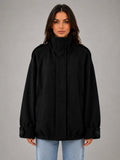 Women's Oversized Funnel-Neck Wool-Look Jacket – Warm Relaxed Fit in black, main view