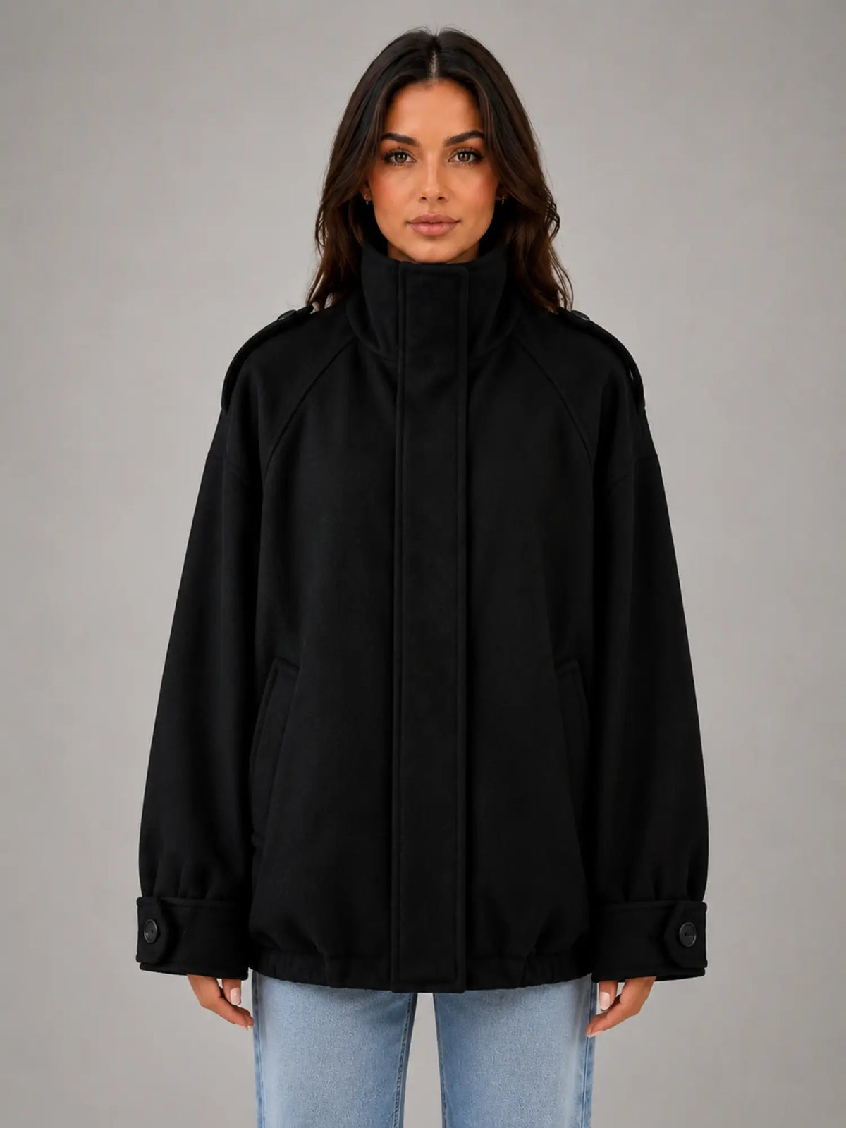 Women's Oversized Funnel-Neck Wool-Look Jacket – Warm Relaxed Fit in black, main view