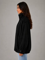 Women's Oversized Funnel-Neck Wool-Look Jacket – Warm Relaxed Fit in black, side view