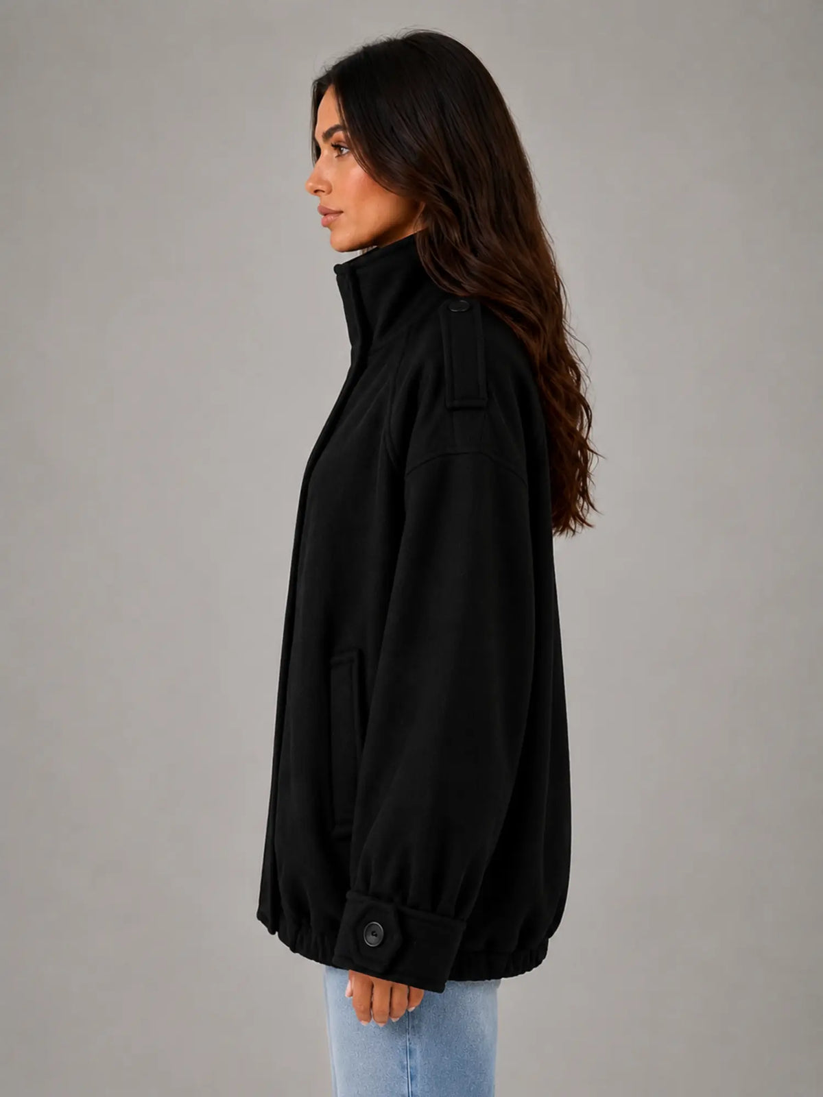 Women's Oversized Funnel-Neck Wool-Look Jacket – Warm Relaxed Fit in black, side view