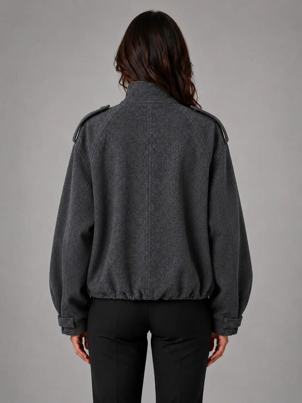 Women's Oversized Funnel-Neck Wool-Look Jacket – Warm Relaxed Fit in charcoal, back view