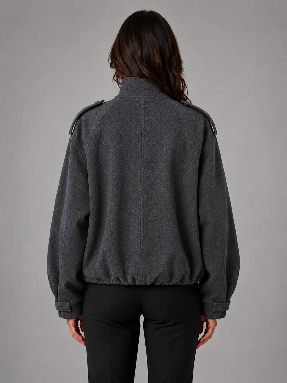 Women's Oversized Funnel-Neck Wool-Look Jacket – Warm Relaxed Fit in charcoal, back view