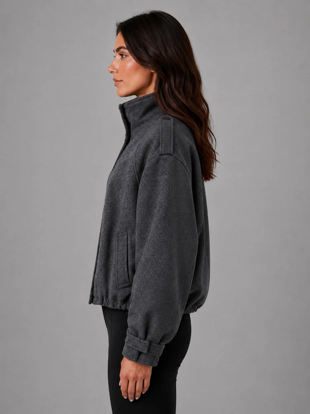 Women's Oversized Funnel-Neck Wool-Look Jacket – Warm Relaxed Fit in charcoal, side view