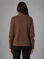 Women's Oversized Half-Zip Knit Sweater – Relaxed Casual Fit in dark brown, back view