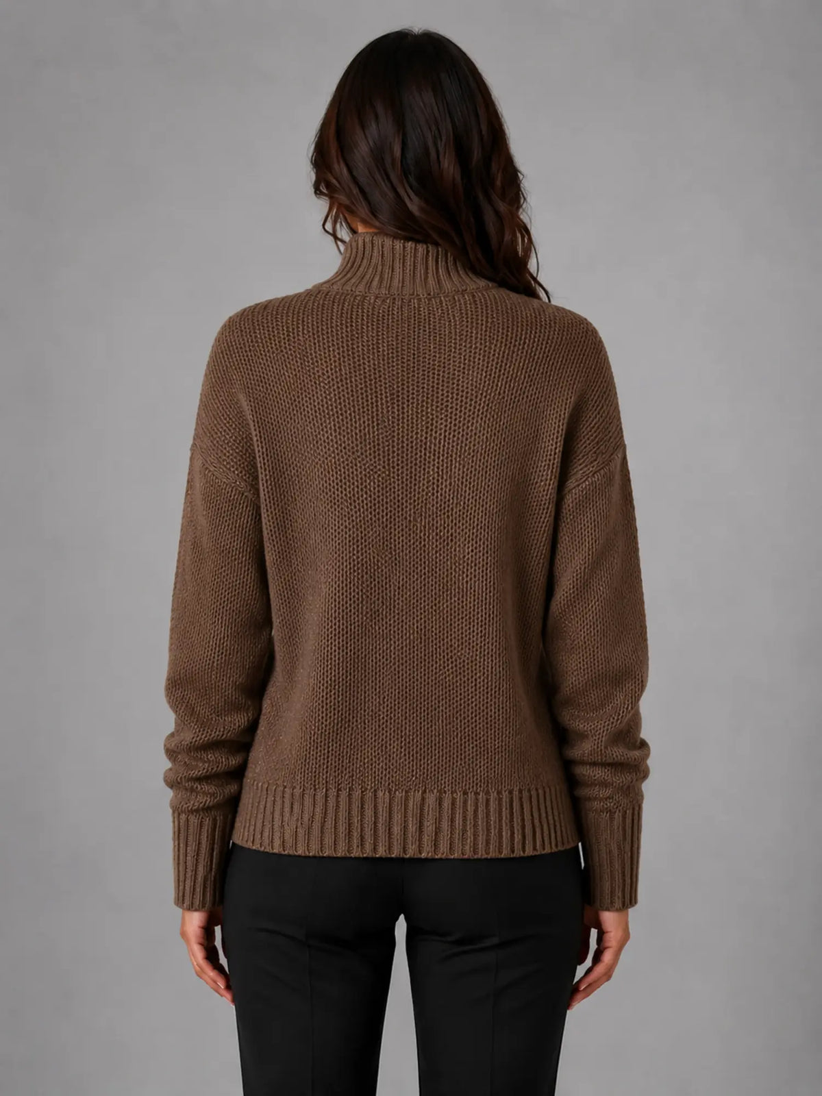 Women's Oversized Half-Zip Knit Sweater – Relaxed Casual Fit in dark brown, back view