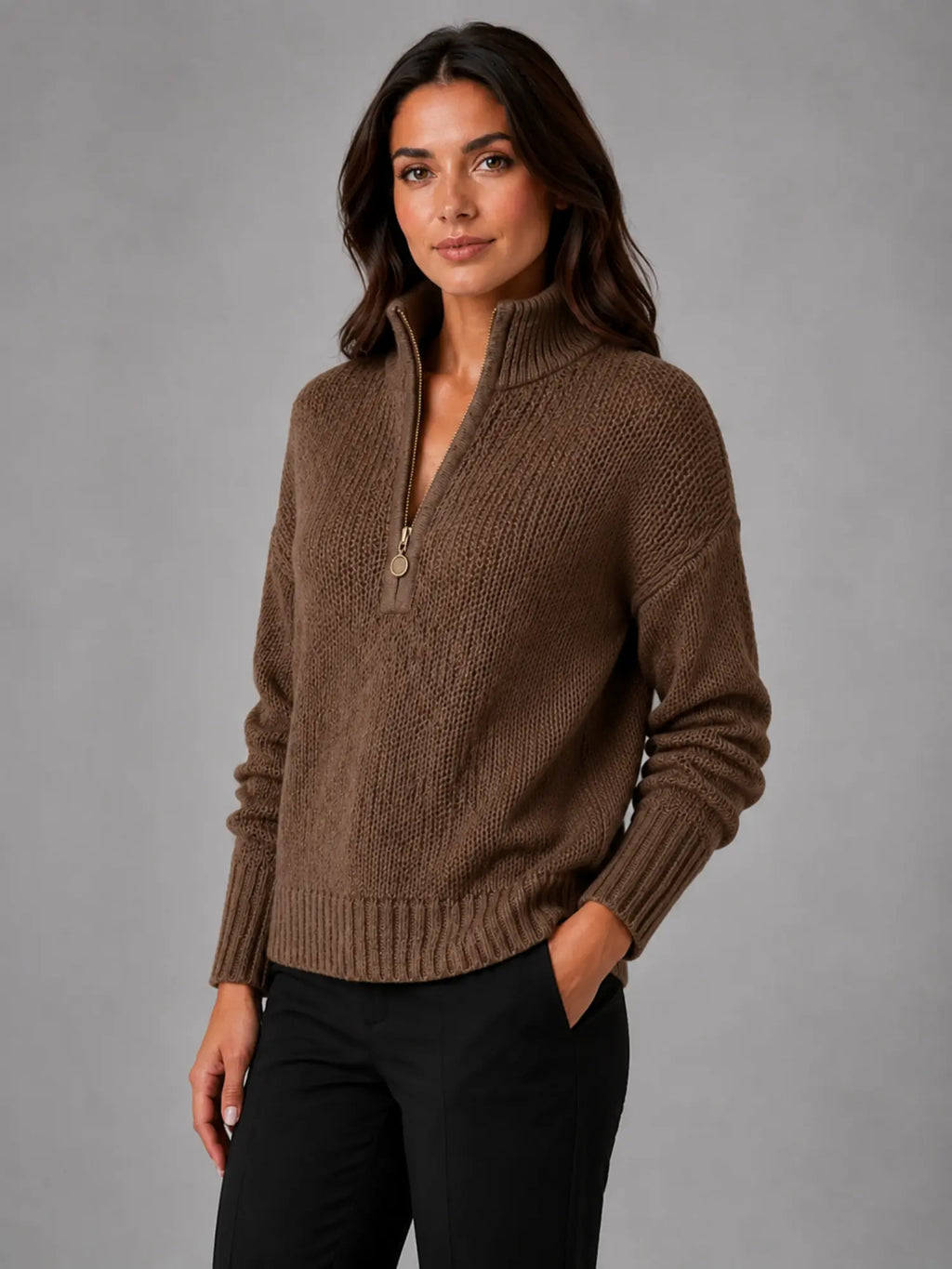Women's Oversized Half-Zip Knit Sweater – Relaxed Casual Fit in dark brown, hover view