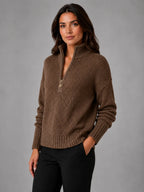 Women's Oversized Half-Zip Knit Sweater – Relaxed Casual Fit in dark brown, hover view