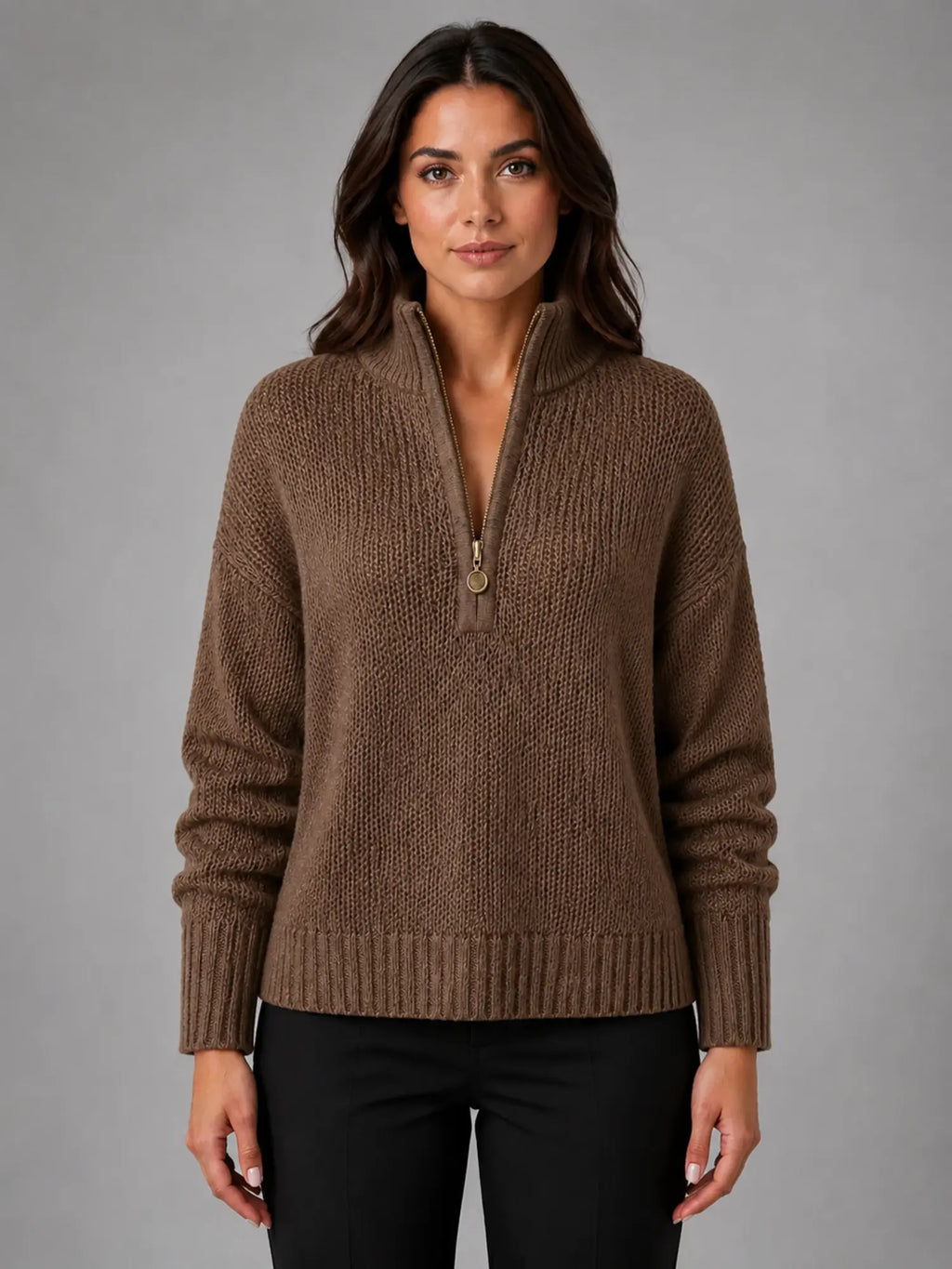 Women's Oversized Half-Zip Knit Sweater – Relaxed Casual Fit in dark brown, main view