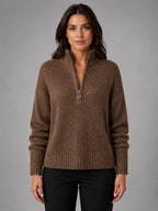 Women's Oversized Half-Zip Knit Sweater – Relaxed Casual Fit in dark brown, main view