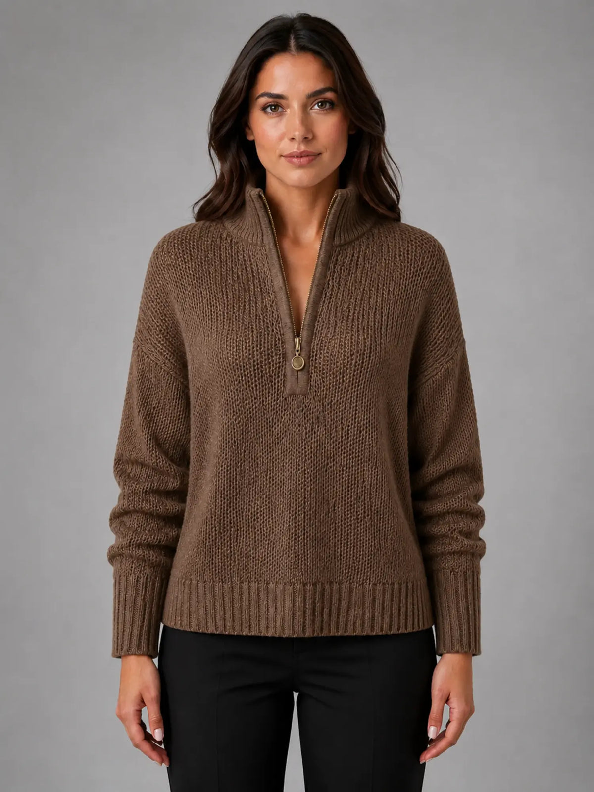 Women's Oversized Half-Zip Knit Sweater – Relaxed Casual Fit in dark brown, main view