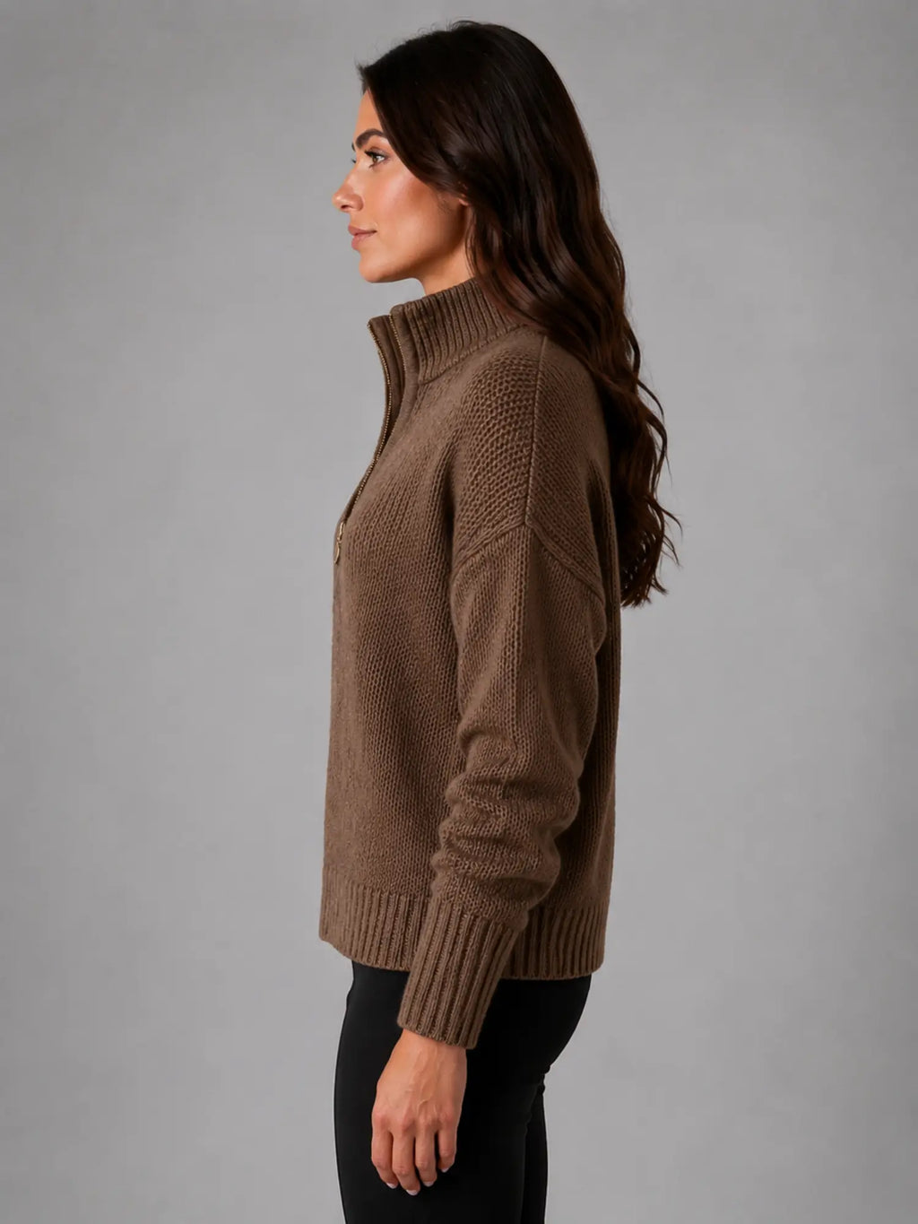 Women's Oversized Half-Zip Knit Sweater – Relaxed Casual Fit in dark brown, side view