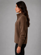 Women's Oversized Half-Zip Knit Sweater – Relaxed Casual Fit in dark brown, side view