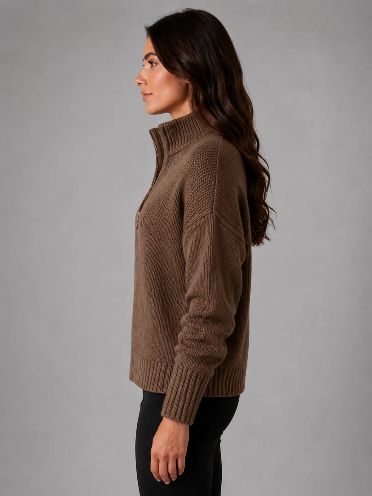Women's Oversized Half-Zip Knit Sweater – Relaxed Casual Fit in dark brown, side view