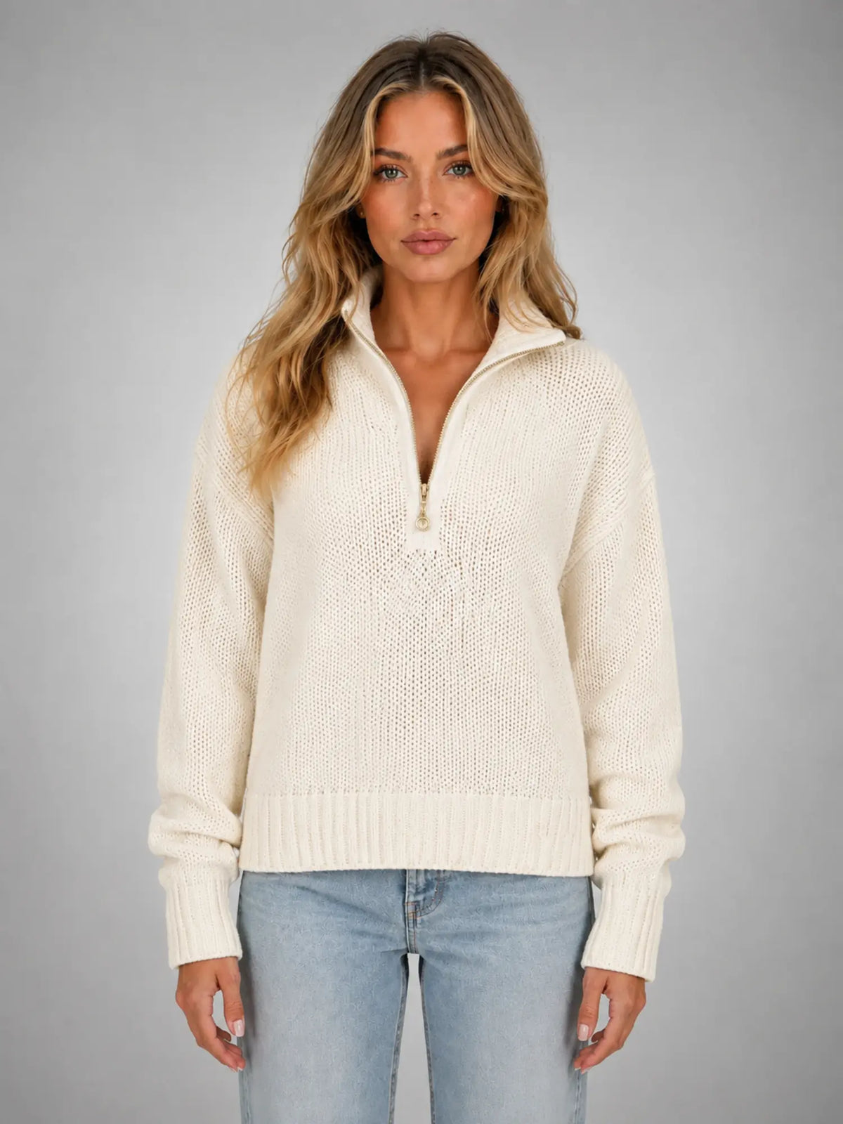 Women's Oversized Half-Zip Knit Sweater – Relaxed Casual Fit in ivory, main view