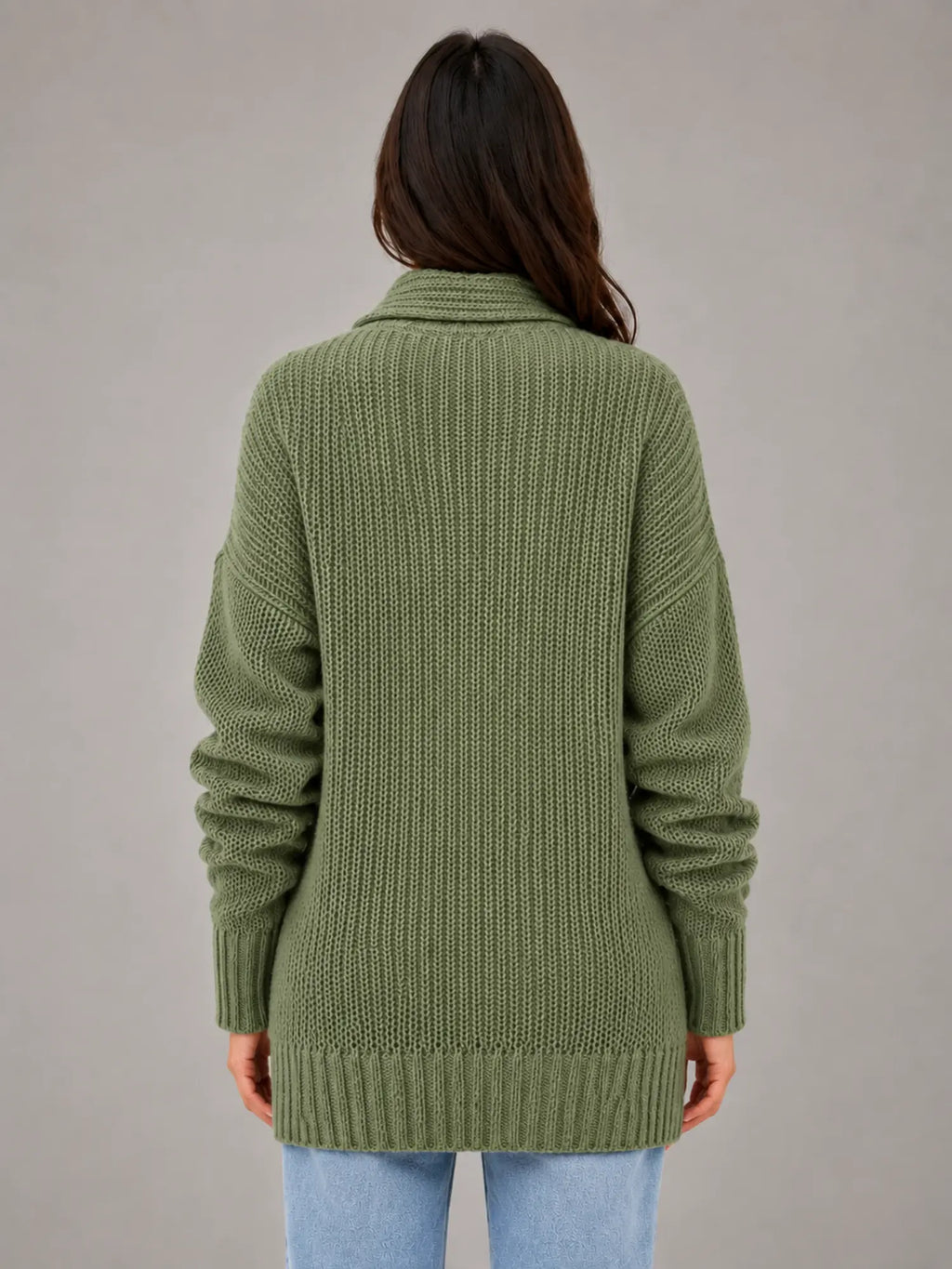 Women's Oversized Half-Zip Knit Sweater – Relaxed Casual Fit in olive, back view