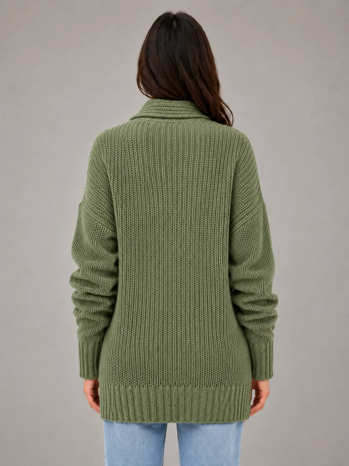 Women's Oversized Half-Zip Knit Sweater – Relaxed Casual Fit in olive, back view