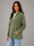Women's Oversized Half-Zip Knit Sweater – Relaxed Casual Fit in olive, hover view