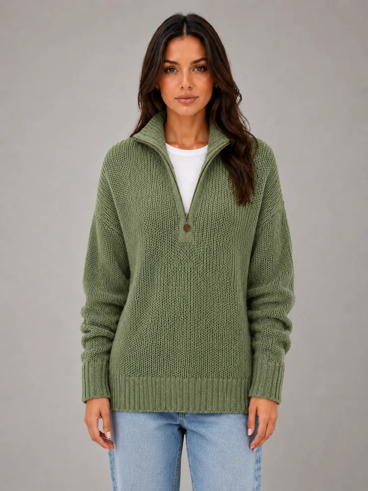 Women's Oversized Half-Zip Knit Sweater – Relaxed Casual Fit in olive, main view