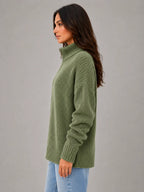 Women's Oversized Half-Zip Knit Sweater – Relaxed Casual Fit in olive, side view