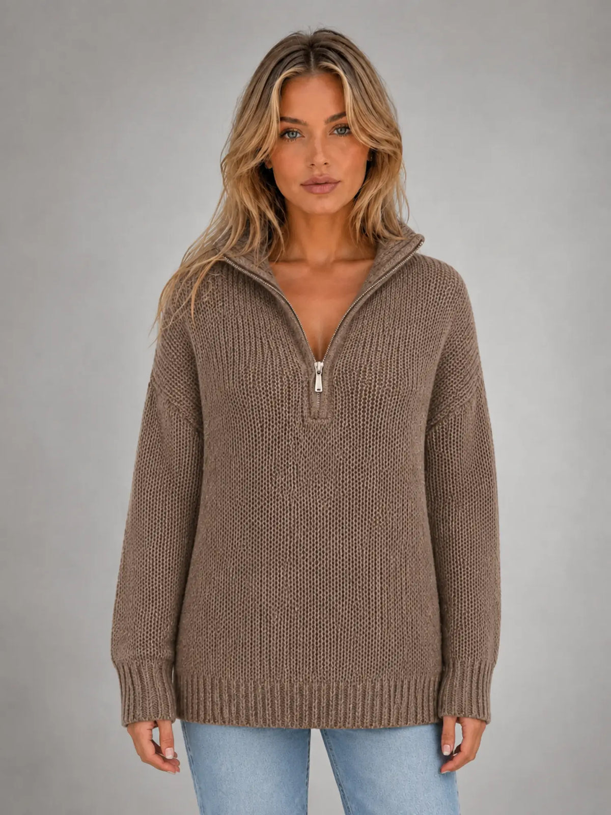 Women's Oversized Half-Zip Knit Sweater – Relaxed Casual Fit in taupe, main view