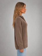Women's Oversized Half-Zip Knit Sweater – Relaxed Casual Fit in taupe, side view