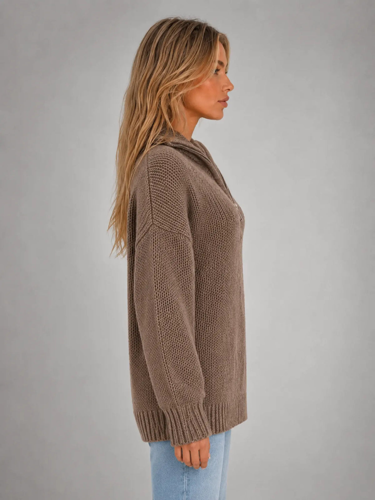 Women's Oversized Half-Zip Knit Sweater – Relaxed Casual Fit in taupe, side view