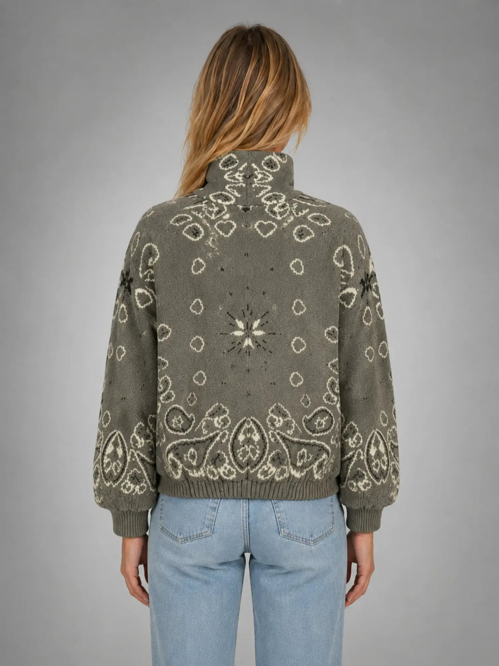 Women's Paisley Funnel-Neck Pullover – Relaxed Statement Knit in taupe, back view