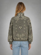 Women's Paisley Funnel-Neck Pullover – Relaxed Statement Knit in taupe, back view