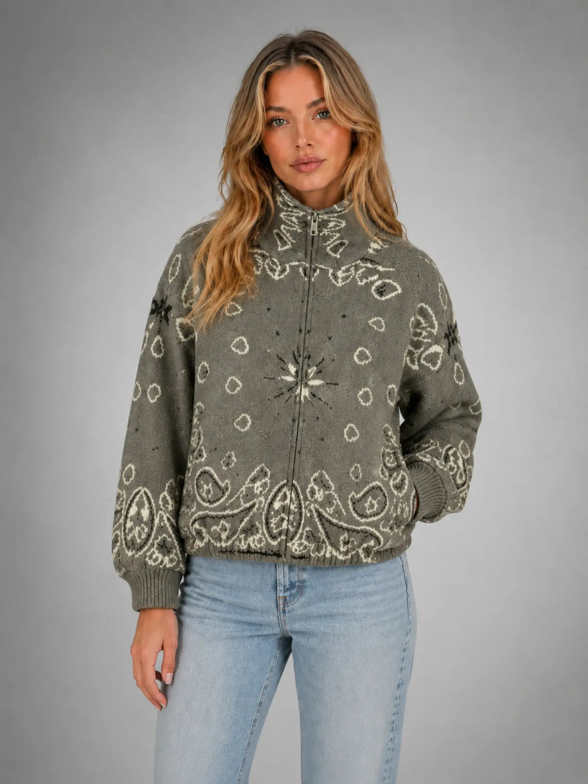 Women's Paisley Funnel-Neck Pullover – Relaxed Statement Knit in taupe, hover view