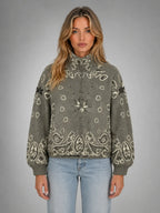 Women's Paisley Funnel-Neck Pullover – Relaxed Statement Knit in taupe, main view
