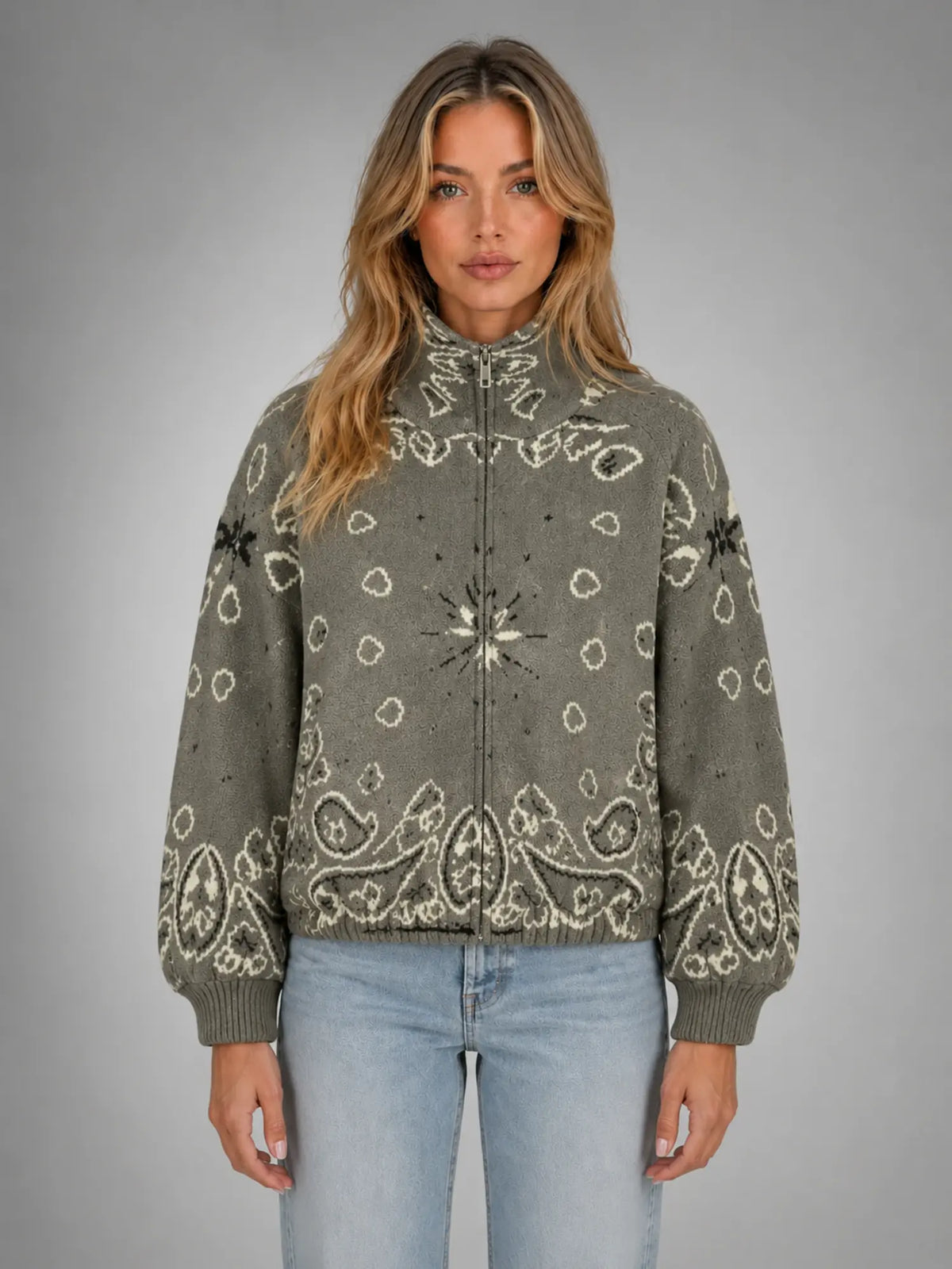 Women's Paisley Funnel-Neck Pullover – Relaxed Statement Knit in taupe, main view