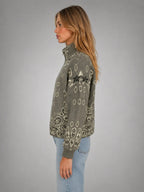 Women's Paisley Funnel-Neck Pullover – Relaxed Statement Knit in taupe, side view