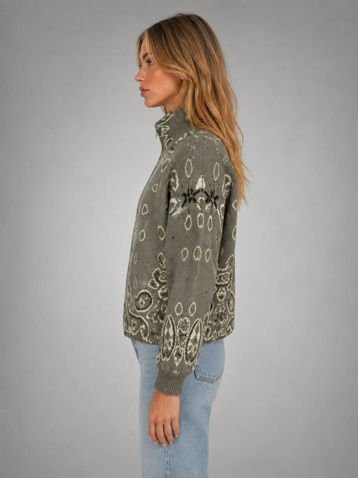 Women's Paisley Funnel-Neck Pullover – Relaxed Statement Knit in taupe, side view