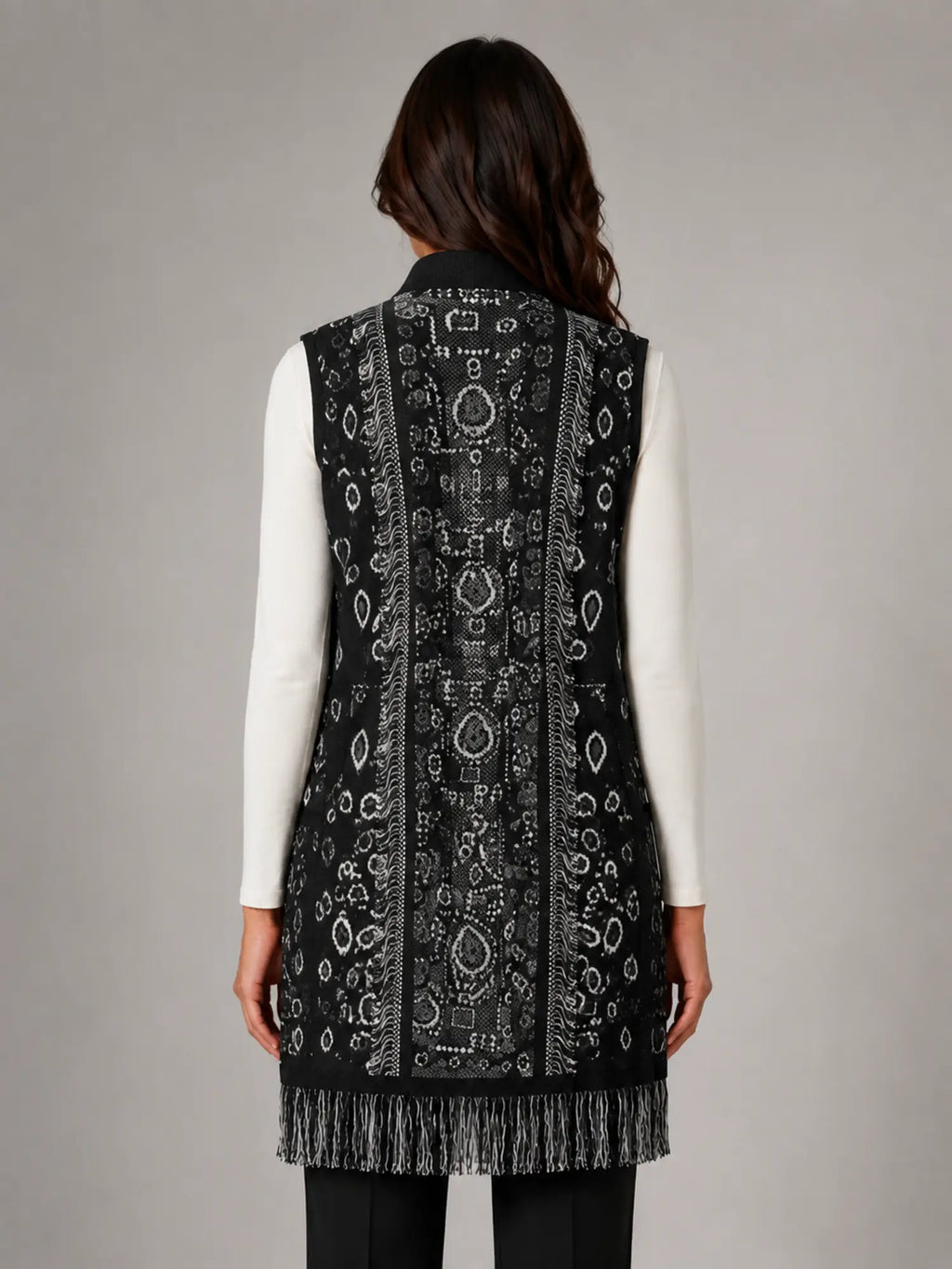Women's Paisley Longline Vest – Layered Statement Style in black, back view