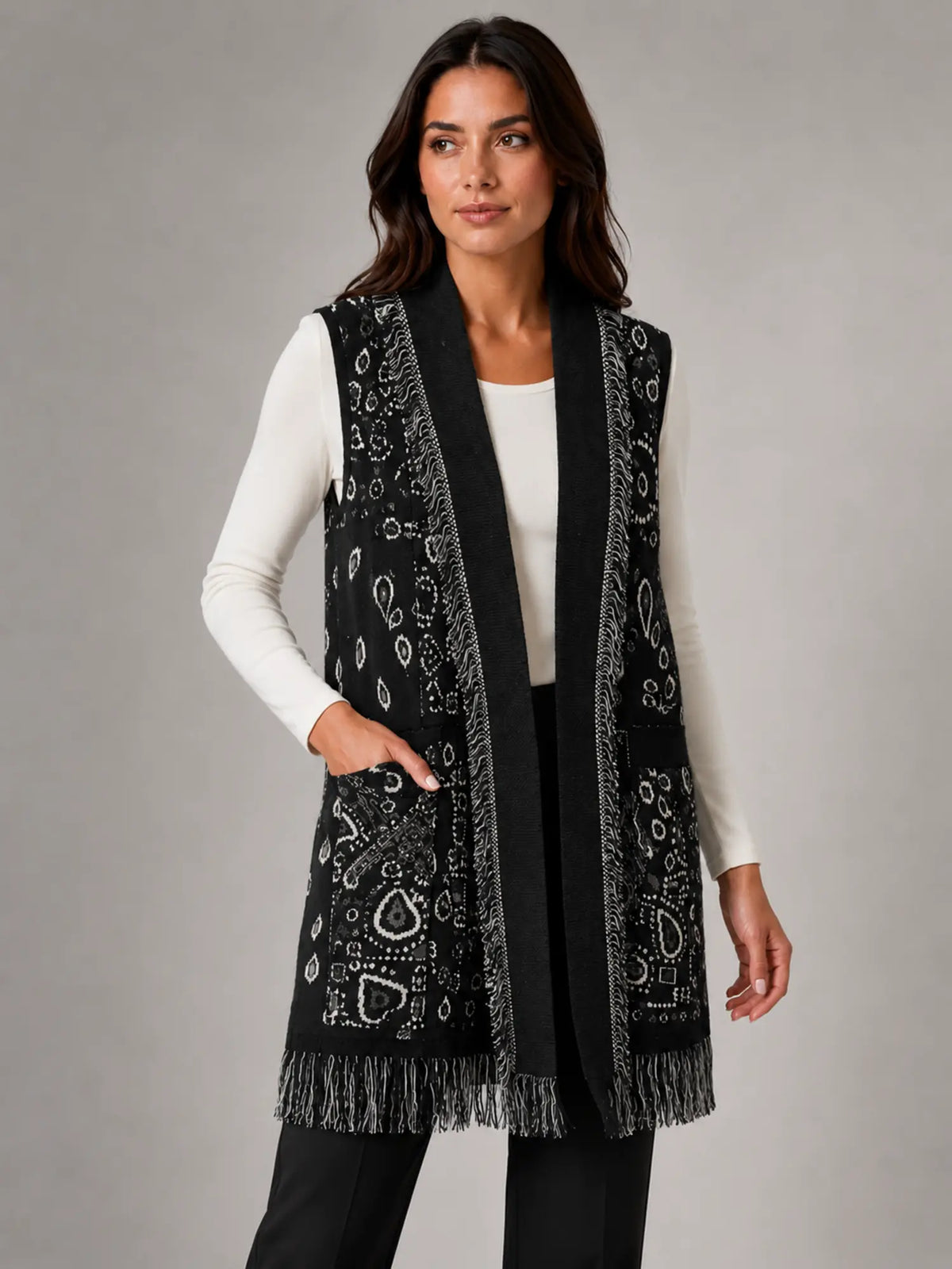 Women's Paisley Longline Vest – Layered Statement Style in black, hover view