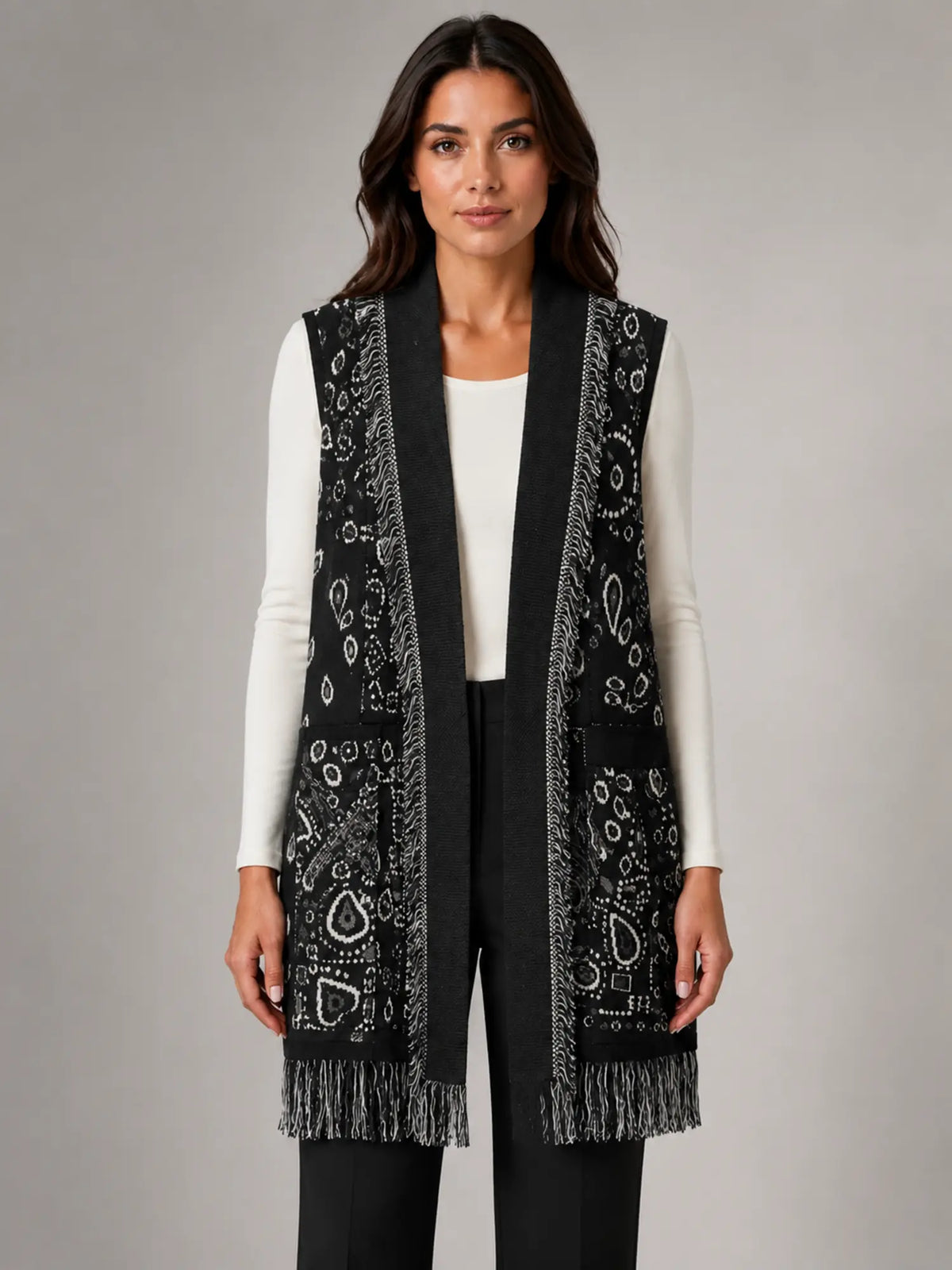 Women's Paisley Longline Vest – Layered Statement Style in black, main view